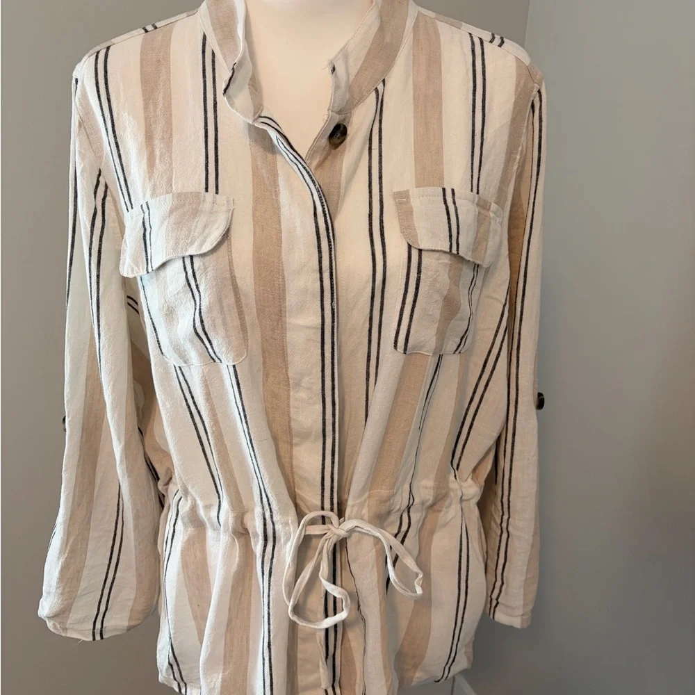 Chico's Beige and Black Striped Linen Shirt - Picture 1 of 3